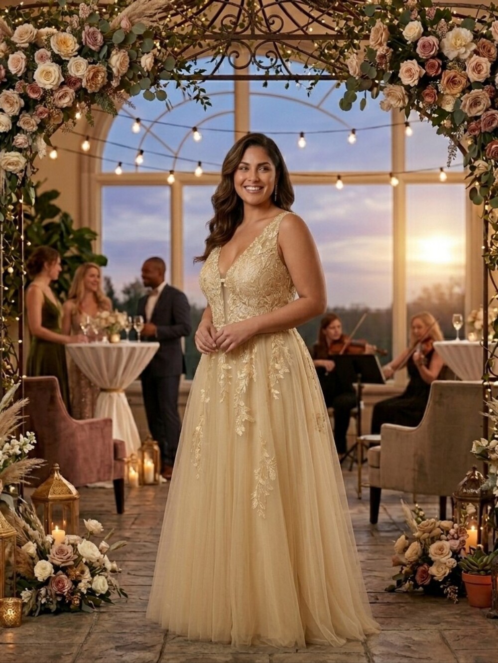 NWT Hebeos Size 14/16 Champagne Gold Lace & Tulle Gown